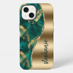 Glam Gold Grün Tropicales Blattmuster Name iPhone 13 Hülle