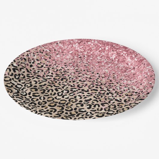 Glam Gold Leopard Print Glitzy Pink Glitzer Pappteller (Schrägansicht)