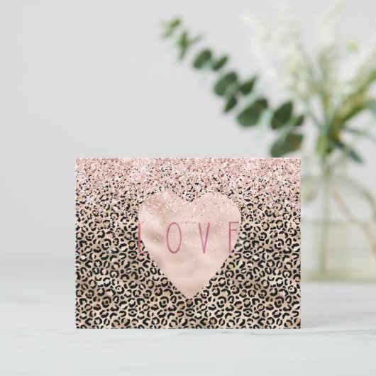 Glam Gold Leopard Print Pink Glitzer Liebe Herz Postkarte (Stehend Vorderseite)