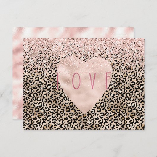 Glam Gold Leopard Print Pink Glitzer Liebe Herz Postkarte (Vorne/Hinten)