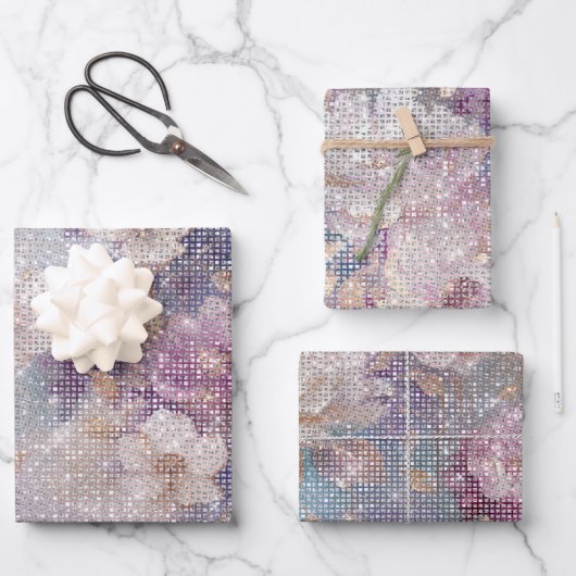 Glam Gold Lila Floral Sparkle Geschenkpapier Set (Vorderseite)
