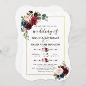 Glam Gold Merlot Navy Blue Floral Wedding Einladung (Vorne/Hinten)