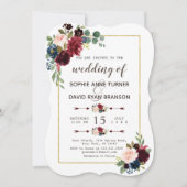 Glam Gold Merlot Navy Blue Floral Wedding Einladung (Vorderseite)