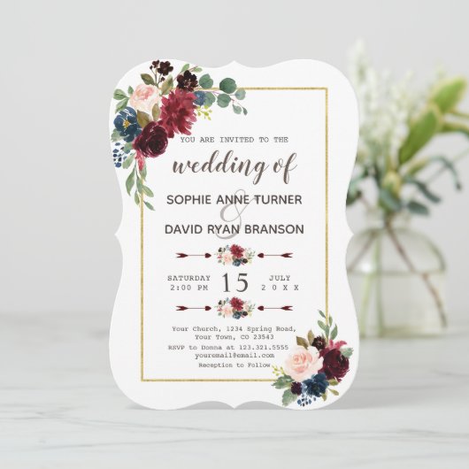 Glam Gold Merlot Navy Blue Floral Wedding Einladung (Stehend Vorderseite)