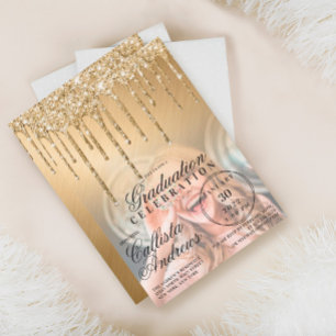 Glam Gold Metallic Glitzer Tropfen Foto Abschluss Einladung