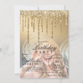 Glam Gold Metallic Glitzer Tropfen Foto Birthday Einladung (Vorderseite)