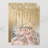 Glam Gold Metallic Glitzer Tropfen Foto Birthday Einladung (Vorne/Hinten)