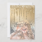 Glam Gold Metallic Glitzer Tropfen Foto Sweet 16 Einladung (Vorderseite)