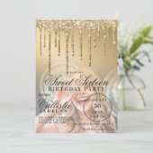 Glam Gold Metallic Glitzer Tropfen Foto Sweet 16 Einladung (Stehend Vorderseite)