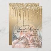 Glam Gold Metallic Glitzer Tropfen Foto Sweet 16 Einladung (Vorne/Hinten)
