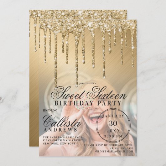 Glam Gold Metallic Glitzer Tropfen Foto Sweet 16 Einladung (Vorne/Hinten)