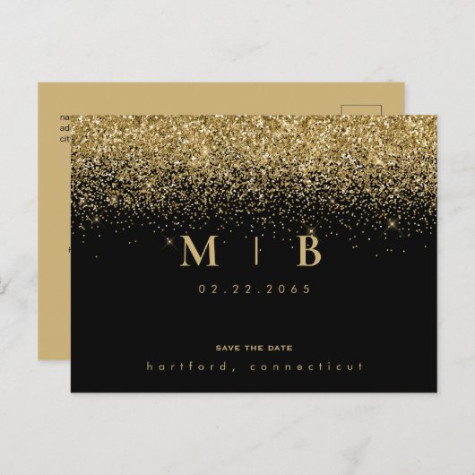 Glam Gold Monogram Black Save the Date Postkarte (Vorne/Hinten)