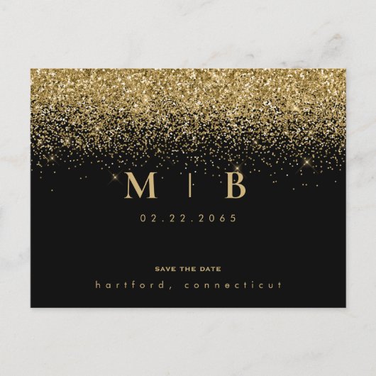 Glam Gold Monogram Black Save the Date Postkarte (Vorderseite)