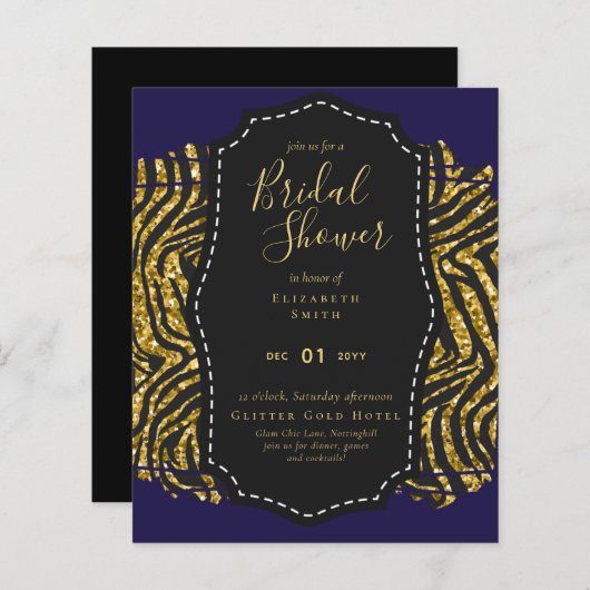 Glam Gold Navy Brautparty Einladung Tier (Vorne/Hinten)