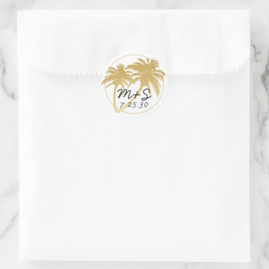 Glam Gold Palm Tree Beach Wedding Monogram Runder Aufkleber (Tasche)