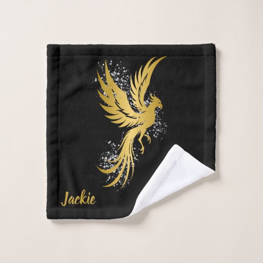 Glam Gold Phoenix Silver Glitzer Monogram Black | Badhandtuch Set (Waschlappen)