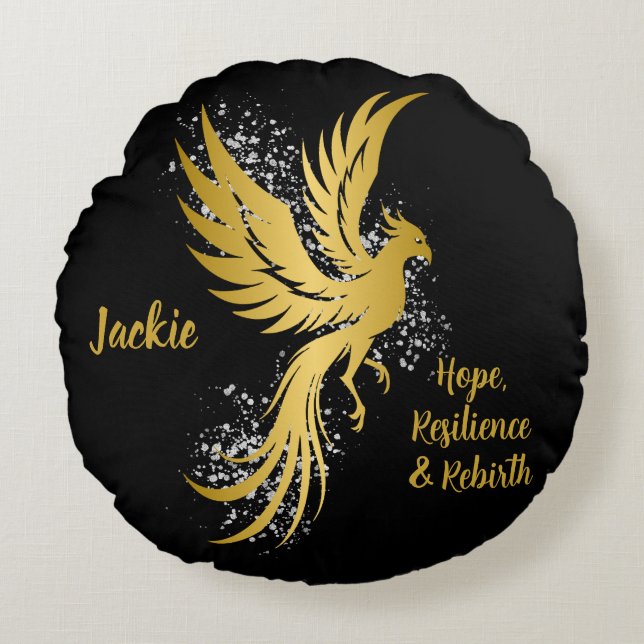 Glam Gold Phoenix Silver Glitzer Monogram Black | Rundes Kissen (Vorderseite)