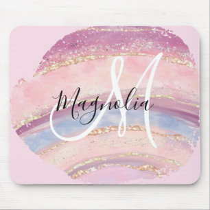 Glam Gold Pink Blau Edelstein Pinselstrich Monogra Mousepad
