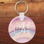 Glam Gold Pink Blauer Edelsteine Pinselstriche Mon Schlüsselanhänger (Vorderseite)