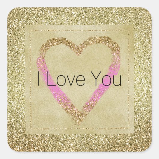 Glam Gold Pink Glitzer Herz Quadratischer Aufkleber (Vorderseite)