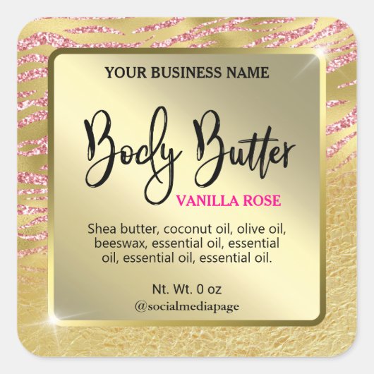 Glam Gold Pink Zebra Print Body Butter Labels Quadratischer Aufkleber (Vorderseite)