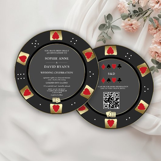 Glam Gold Poker Chip QR Code Casino Hochzeit Einladung