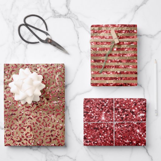 Glam Gold Red Glitzer Leopard Print Geschenkpapier Set (Vorderseite)