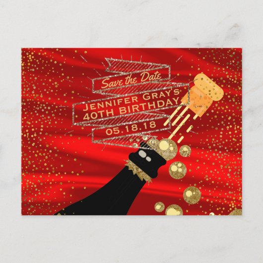 Glam Gold Red Save the Date Champagne Birthday Ankündigungspostkarte (Vorderseite)