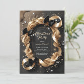 Glam Gold Ribbon Black Bow Christmas Party Einladung (Stehend Vorderseite)