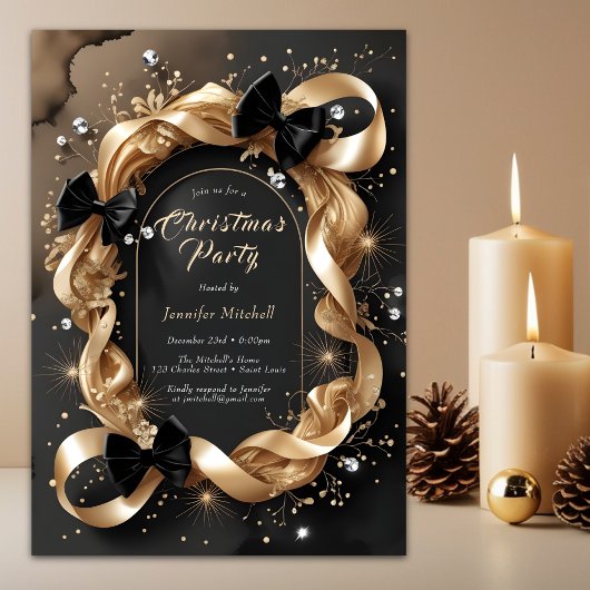 Glam Gold Ribbon Black Bow Christmas Party Einladung