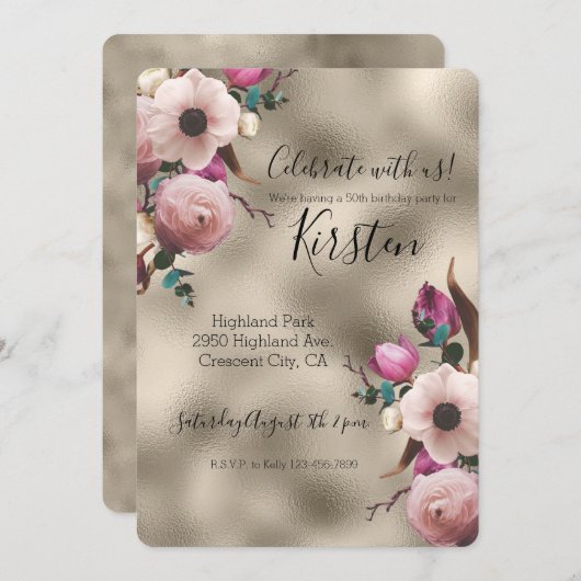 Glam Gold Rosa Blume Einladung (Vorne/Hinten)