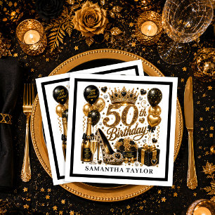 Glam Gold Schwarz Konfetti 50. Geburtstagsfeier Serviette