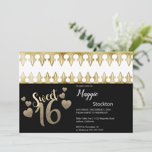 Glam Gold Sweet 16 Einladung (Stehend Vorderseite)