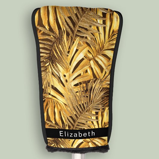Glam Gold Tropical Leaves Personalized Golf Headcover