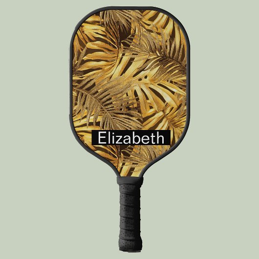 Glam Gold Tropical Leaves Personalized Pickleball Schläger