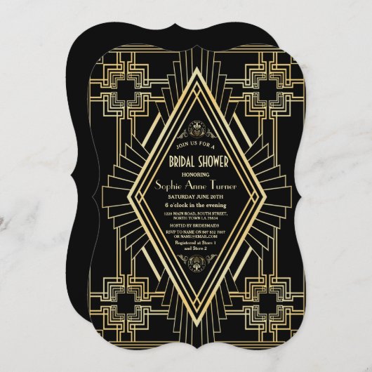 Glam Gold und Black Great Gatsby Brautparty Einladung (Vorne/Hinten)