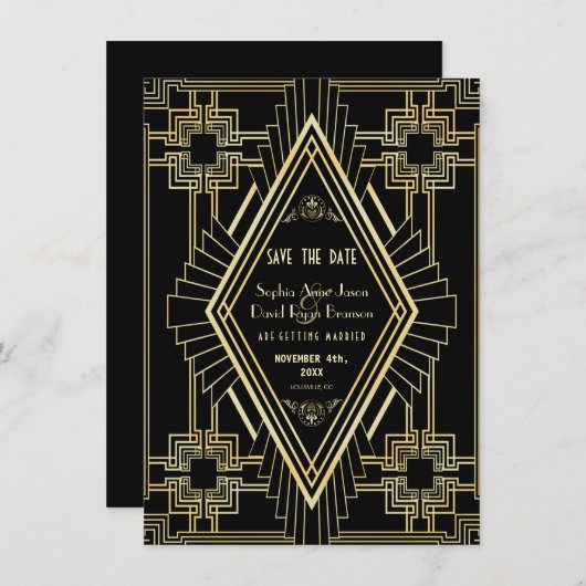 Glam Gold und Black Great Gatsby Save the Date (Vorne/Hinten)