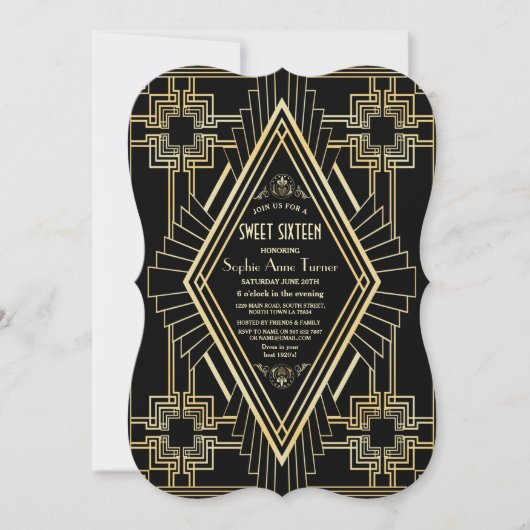 Glam Gold und Black Great Gatsby Sweet 16 Einladung (Vorderseite)