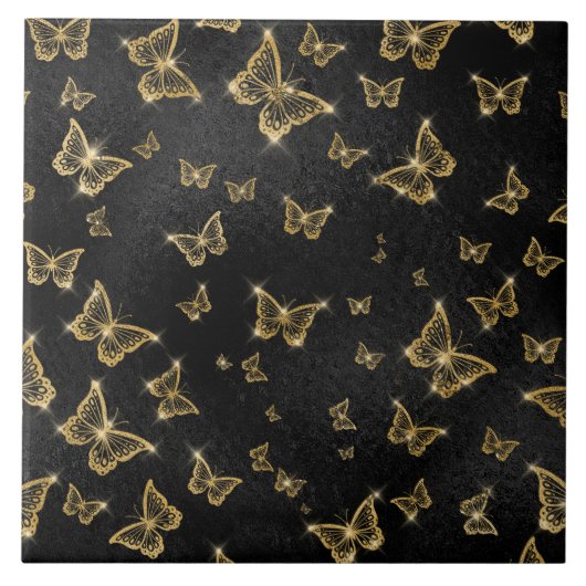 Glam Gold und schwarze Schmetterlinge Muster Fliese (Vorderseite)