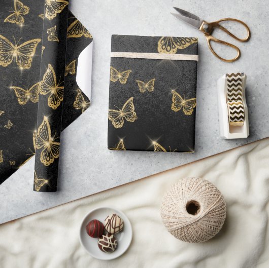 Glam Gold und schwarze Schmetterlinge Muster Geschenkpapier (Kunsthandwerk)