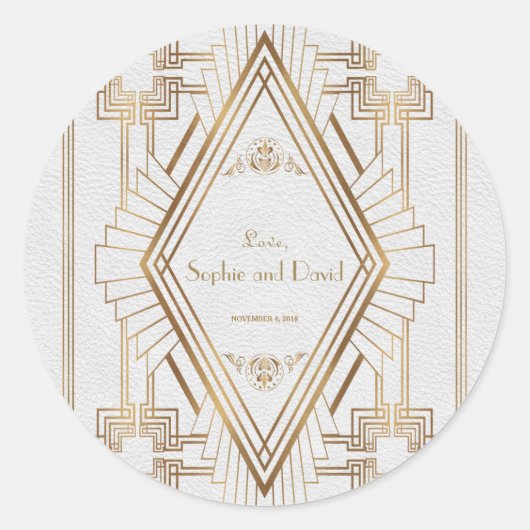 Glam Gold und White Great Gatsby Wedding Runder Aufkleber (Vorderseite)