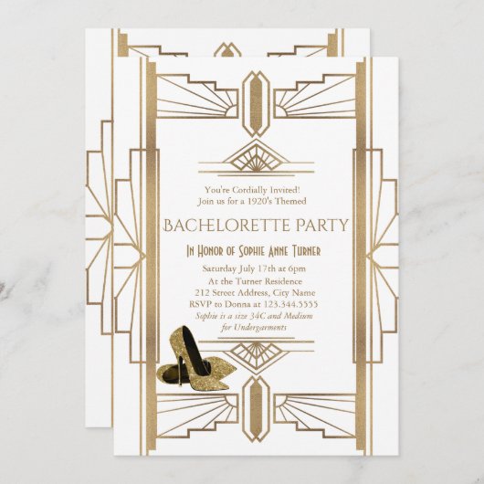 Glam Gold White Great Gatsby Junggeselinnen-Abschi Einladung (Vorne/Hinten)
