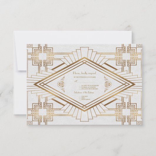 Glam Gold White Great Gatsby Wedding RSVP Karte (Vorderseite)