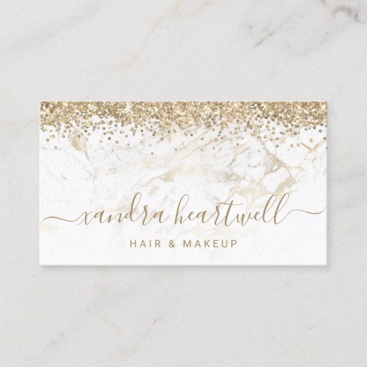 Glam Gold White Marble Glitzer Script Visitenkarte (Vorderseite)