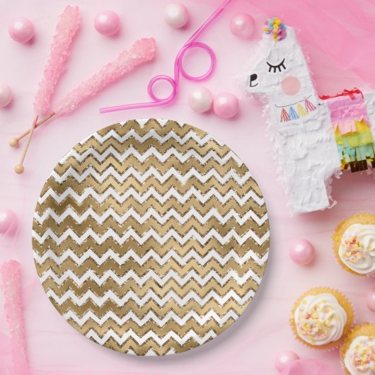 Glam Gold White Zigzag Streifen Pappteller (Party)