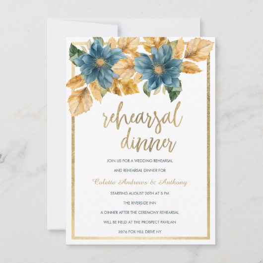 Glam goldblauer Probe Abendessen Einladung (Vorderseite)