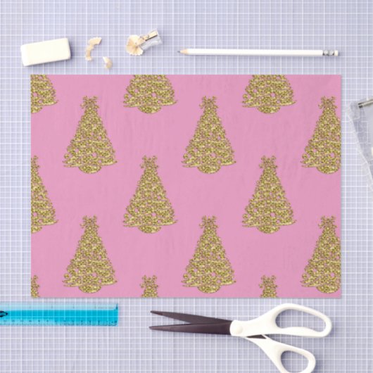 Glam Golden Christmas Trees on Pink Christmas Seidenpapier (Handwerk)