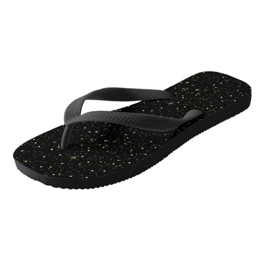 Glam goldfarbener Glitzer und Glitzern auf schwarz Badesandalen (Schrägansicht)
