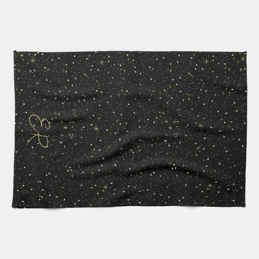 Glam goldfarbener Glitzer und Glitzern auf schwarz Geschirrtuch (Horizontal)