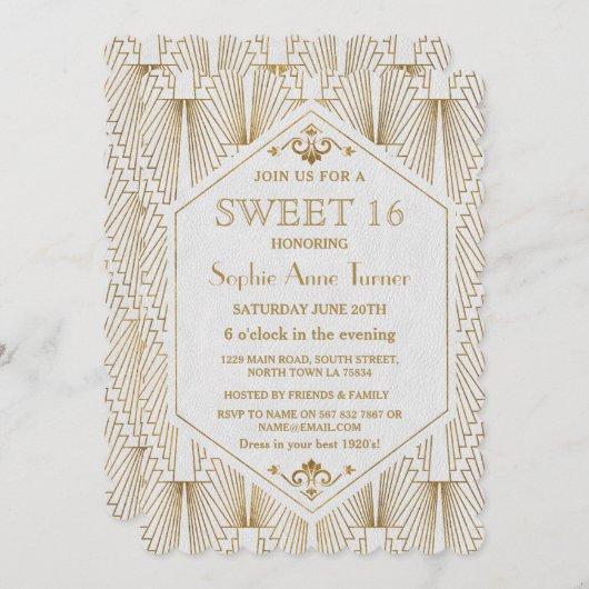 Glam Great Gatsby Art Deco Gold White Sweet 16 Einladung (Vorne/Hinten)